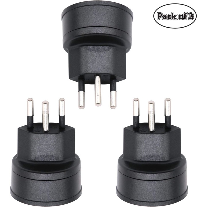 Set 3 Adaptoare de calatorie, 2 pini in 3 pini, negru, 85-240VAC