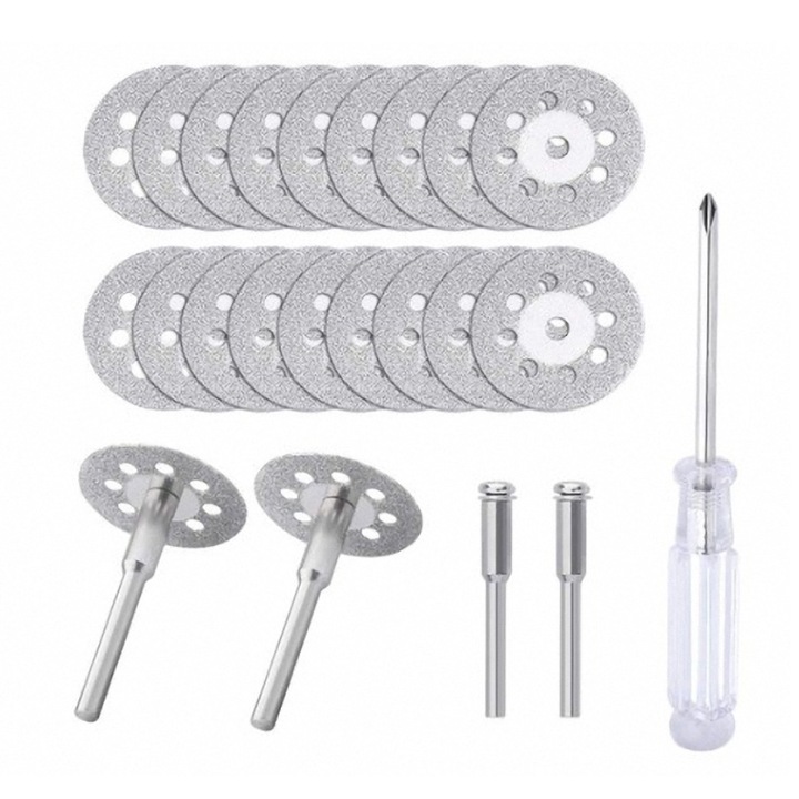 20 darab 22 mm-es gyémánt vágókorong készlet 4 darab 3 mm-es fém tengellyel és 1 csavarhúzóval precíziós szerszámokhoz, Jormftte