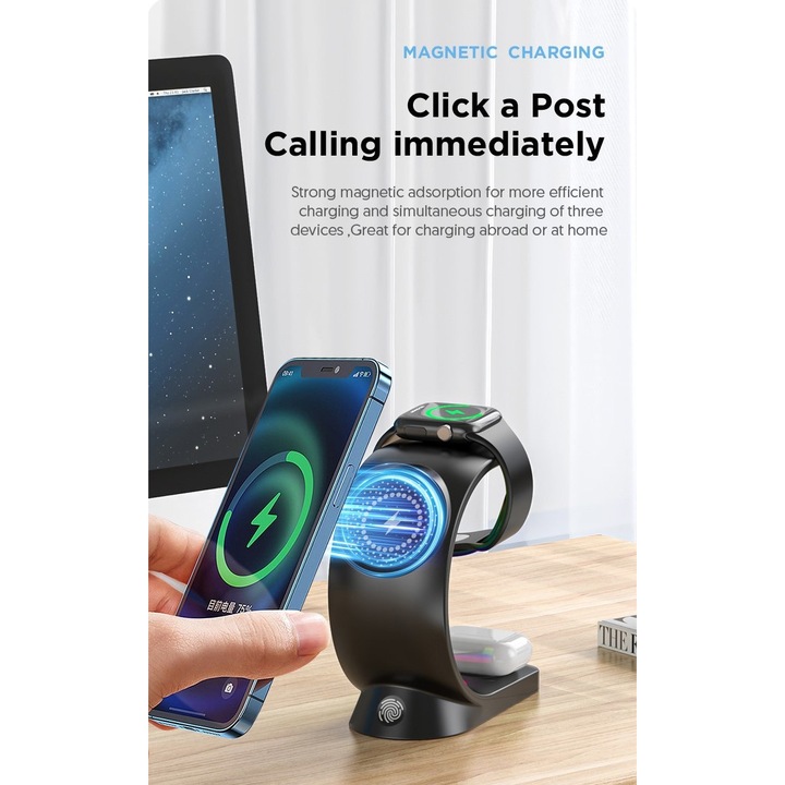 Безжично зарядно устройство 3 в 1 с VENTLEX RGB светлини, тип зарядна станция за телефон, часовник и слушалки, бързо зареждане 15 W, магнитно зареждане Magsafe, съвместимо с iPhone, Android, Airpods, Apple Watch, Huawei, Xiaomi, бяло