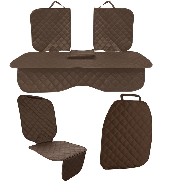 Set 3 protectii auto, matlasate, universale, maro, lavabile, impermeabile, protectie bancheta cu decupare cotiera, spatar scaun si protectie scaune fata, Metru Patrat