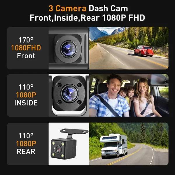 Camera Auto De Bord DVR Qeno® TRIO Camera High PRO Full HD 1080P, 3  Lentile, Camp Vizual Ultra-Larg De 170°, IPS Display 2″, Night Vision,  Inregistrare Dubla, Loop Recording, G-sensor, Detectare Miscare