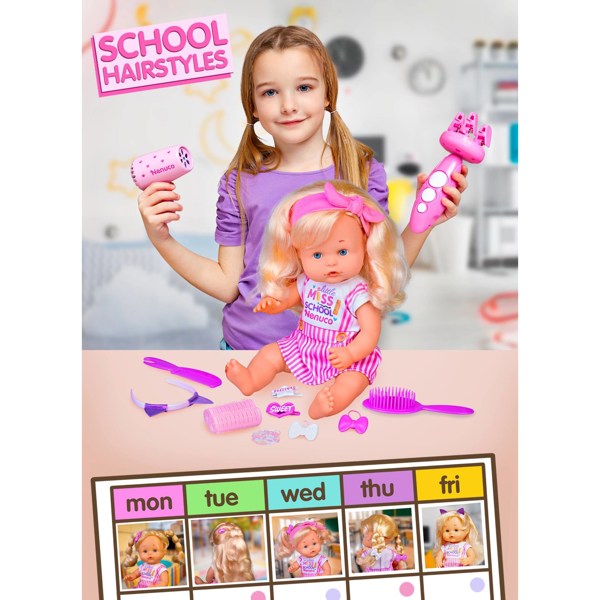 Кукла Nenuco с аксесоари за различни прически за училище, NFN60000