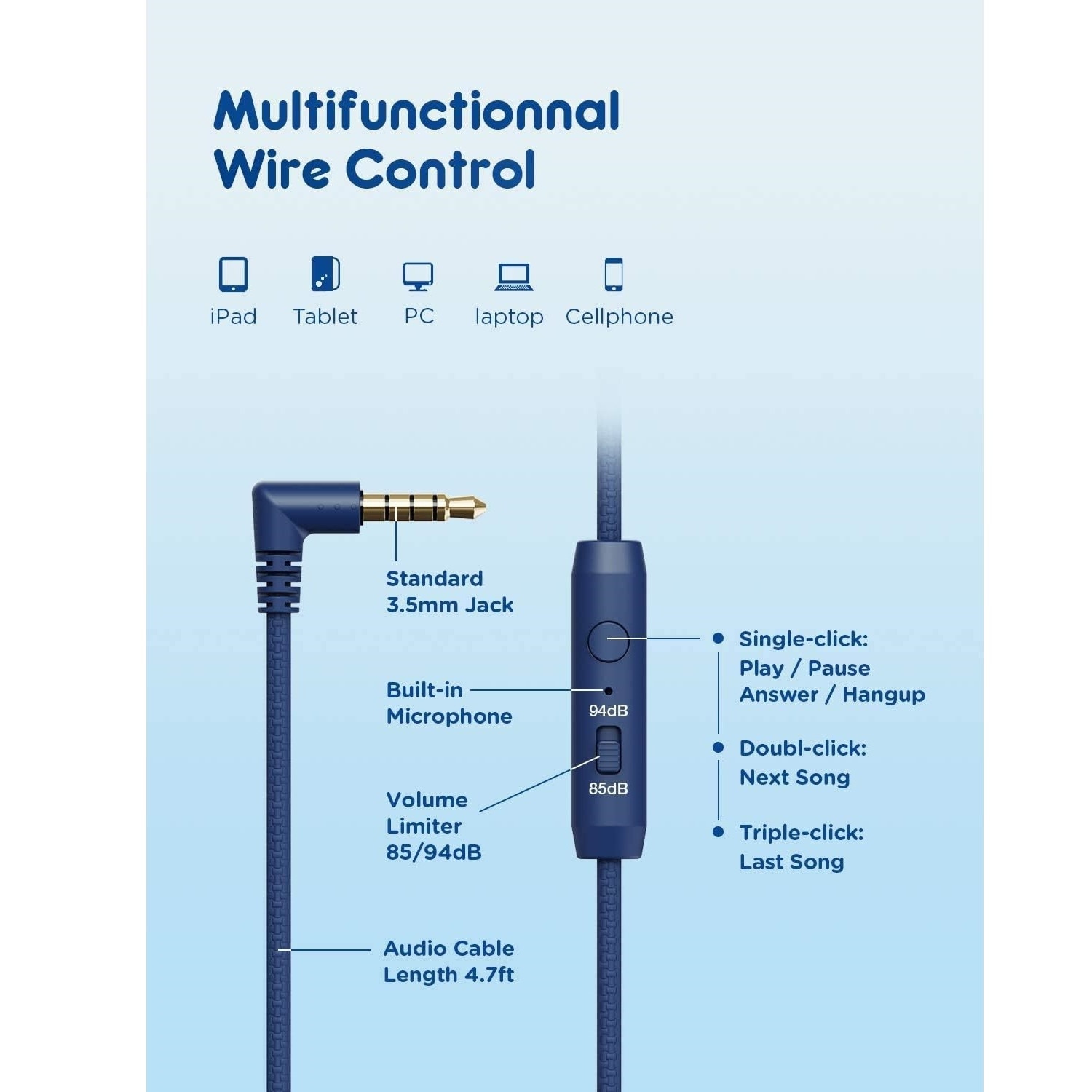 Casti, iClever, HD stereo, 40mm drivere, jack 3.5mm, microfon incorporat, pentru copii, albastru