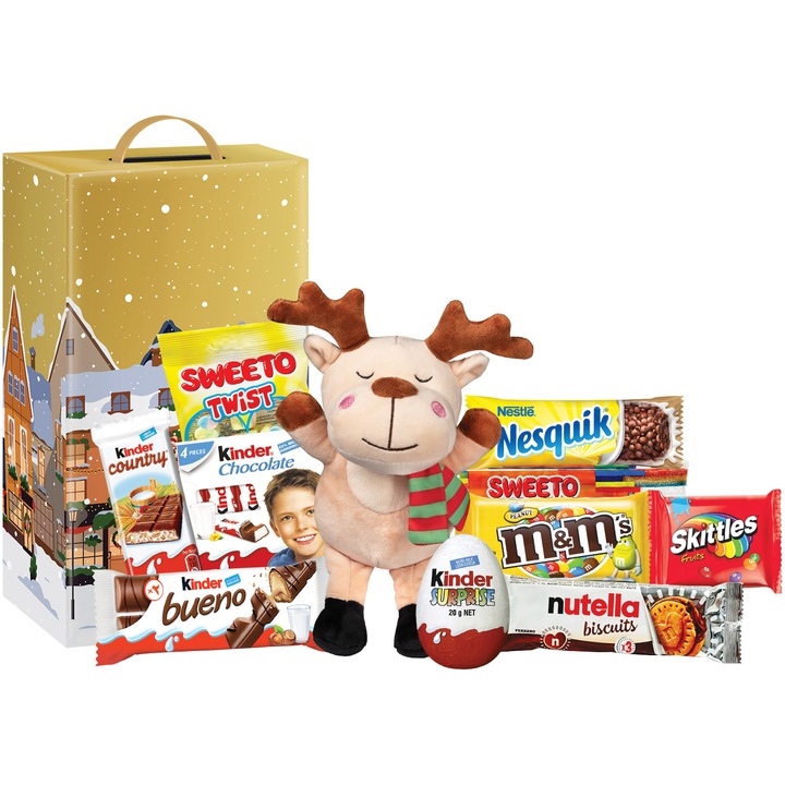 Pachet cadou pentru copii Surprise cu jucarie de plus, produse Kinder, Nutella, M&M, Nesquik, Skittles in cutie de sarbatori, Gift Idea