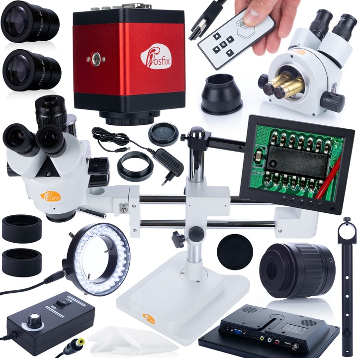 Trinokuláris mikroszkóp, Rosfix, Jupiter Pro MSJP-T-SDMS1, 7x-45x zoom, 56x LED megvilágítás, 8 hüvelykes kijelző, Scorpius kamera, fekete/fehér