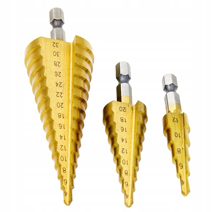 Set 3 burghie trepte conice, Rosfix, Otel, 4-32 mm, Auriu