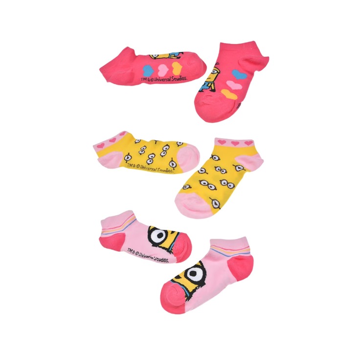 Комплект от 3 броя чорапи за момичета с шарка Миньони, размер 31-34, 72% памук, многоцветен