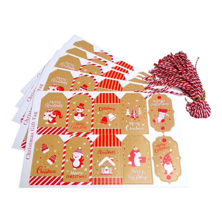 Комплект от 50 бр правоъгълни коледни етикети с канап, Createur, модел 6