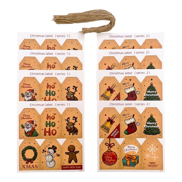 Комплект от 48 бр правоъгълни коледни етикети с канап, Createur, модел 9