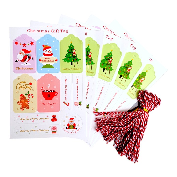 Комплект от 50 коледни етикетчета различни форми с канап, Createur, модел 1