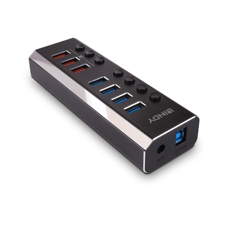 Lindy 4337 USB hub, 7x USB 3.2, fekete