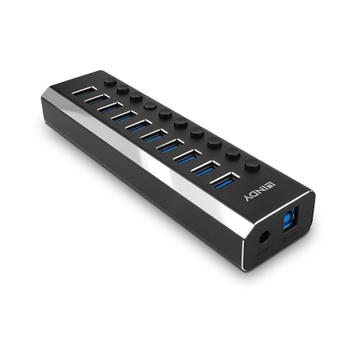 Lindy USB hub 43370, 10x USB 3.2 gen 1, fekete