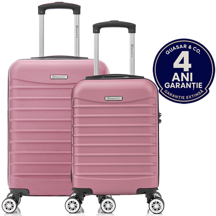 Set 2 trolere cabina, Quasar & Co.®, 40x30x20 cm cu roti detasabile si 55x36x20 cm, bagaj de mana, troller cu fermoar antifurt, cifru, maner telescopic lung, geamantan 4 roti duble 360°, valiza ABS 2.8 mm rezistent, 10kg, LINE, Roz pudrat