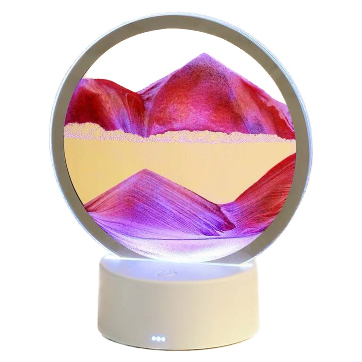 Lampa decorativa tip clepsidra, nisipuri miscatoare Moving SandArt, baza RGB 16 culori control touch si telecomanda, alimentare USB sau baterii, 20cm, rosu