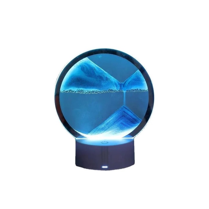 Lampa decorativa tip clepsidra, AHA PRINT, nisipuri miscatoare Moving SandArt, baza RGB 16 culori control touch si telecomanda, alimentare USB sau baterii, 20cm, albastru