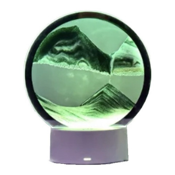 Lampa decorativa tip clepsidra, AHA PRINT, nisipuri miscatoare Moving SandArt, baza RGB 16 culori control touch si telecomanda, alimentare USB sau baterii, 20cm, verde