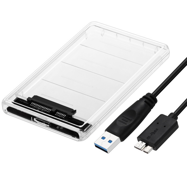 Carcasa rack pentru Hard disk 2.5 inch, Carcasa hard disk extern, USB 3.0, Accepta SSD/Sata I/II/III, Plug and Play, Viteza transmisie pana la 5 GB/s, Transparent
