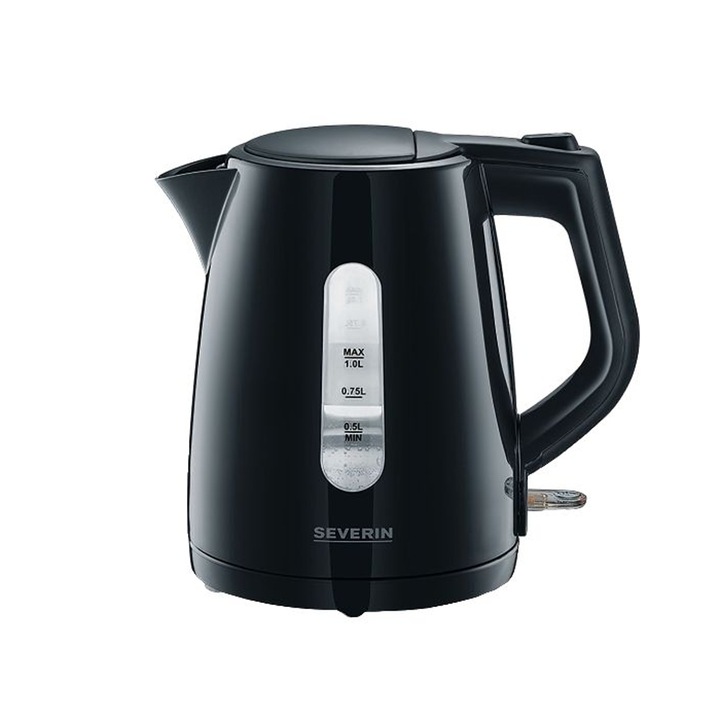 Електрическа кана Severin, S3410, капацитет 1 литър, индикатор за нивото на водата, миещ се филтър против варовик, компактна, 360° неплъзгаща се основа, 2200 W, черна