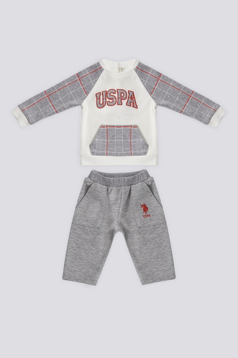 U.S. Polo Assn., Set de pantaloni de trening si bluza de trening cu model in carouri - 2 piese, Gri/Crem, 74-80 CM