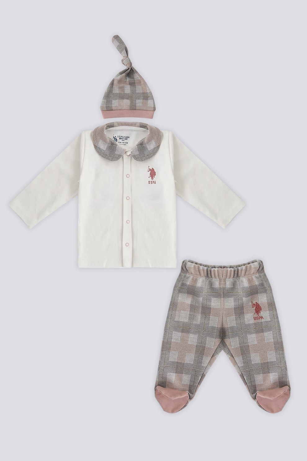 U.S. Polo Assn., Set de imbracaminte cu model in carouri - 3 piese, Gri, Crem, 68-74 CM