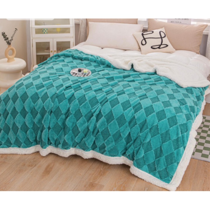 Patura Cu Blanita Artificiala de Iepure si Catifea Teddy, 200x230 cm Turcoaz JO371