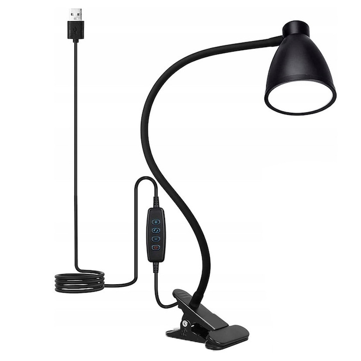 Asztali lámpa klipekkel, Zola®, rugalmas kar, 3 világos szín, 360 fokban állítható, 10 fokozat, USB, matt fekete, 45 cm
