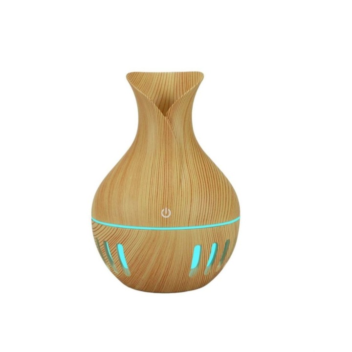 Umidificator Aromaterapie, Difuzor cu Ultrasunete si Culori Led, Lemn Deschis, 130ml