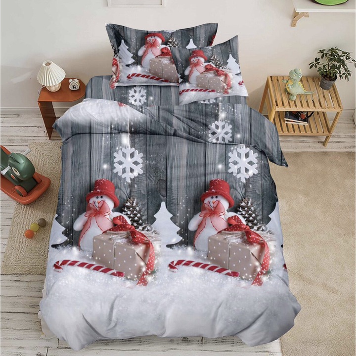 Set lenjerie de pat, Pucioasa, Finet, Cearceaf de pat cu elastic 140 x 200 cm, Husa pilota 155x200 cm, 2 huse perne 55 x 75 cm si 50 x 50 cm, pentru pat de dimensiuni 140x200 cm, Pat 1 persoana, Tematica Craciun, Gri/Alb/Rosu, FNUE-060