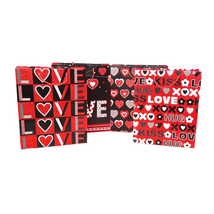 Комплект от 12 подаръчни торбички с микс от блясък 4 модела - Love, paper, Createur - Medium - 26x32x10cm
