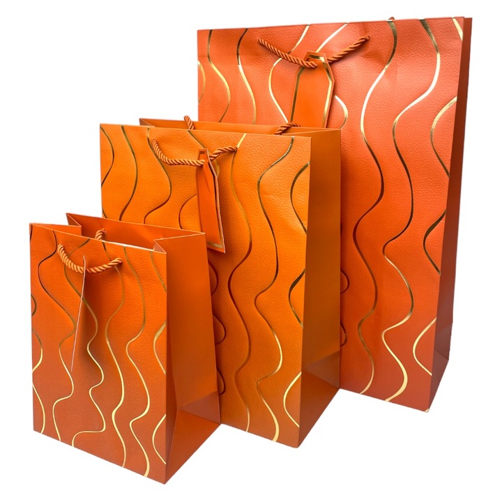 Комплект от 12 подаръчни торбички със златни вълни, кафяви, големи, 31x42x12 см
