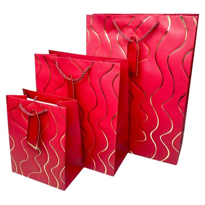 Комплект от 12 подаръчни торбички със златни вълни, бордо, средни, 26x32x12 см