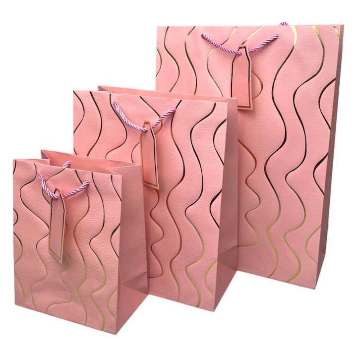 Комплект от 12 подаръчни торбички със златни вълни, розови, малки, 18x23x10см