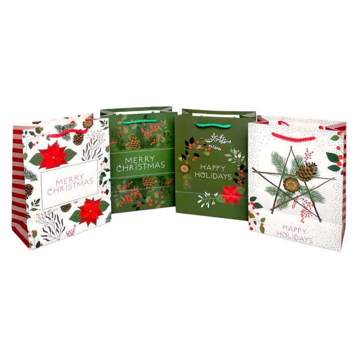 Комплект от 12 подаръчни торбички Merry Christmas микс 4 модела, средни, 26x32x12см