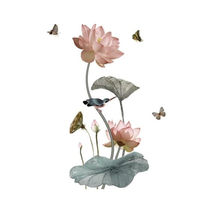 Sticker Autocolant de Perete cu Flori de Lotus si Fluturi, 120x65 cm - MaffStuff®