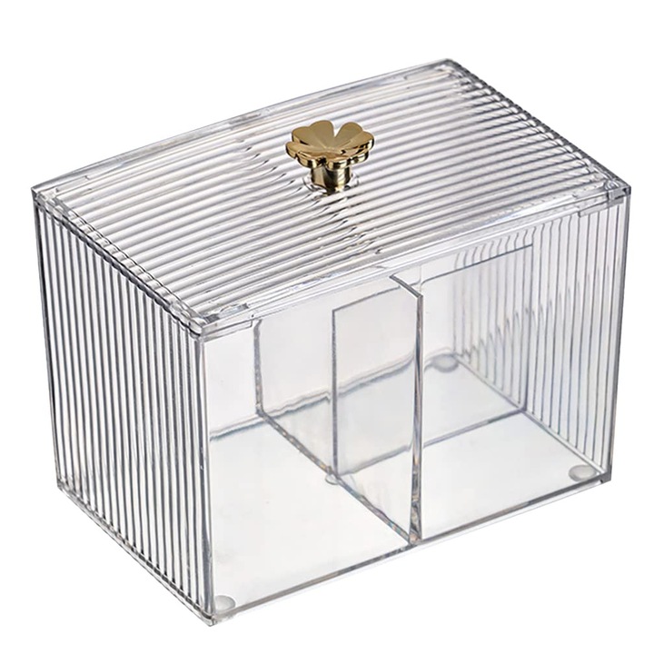 Cutie organizator pentru dischete si betisoare igienice, capac cu maner auriu floare, 14x9x10cm