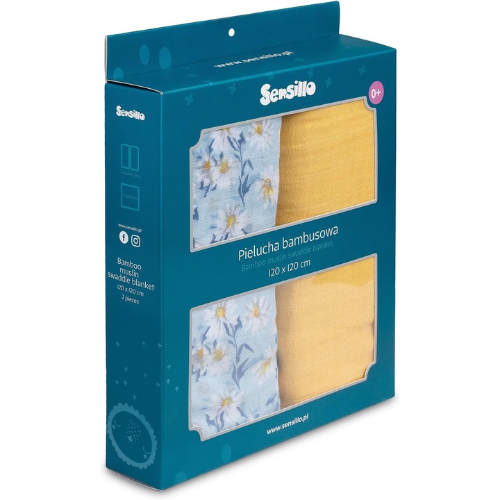 Panze de baie, SENSILLO, 2x patura de bambus, 120x120, Menta si galben