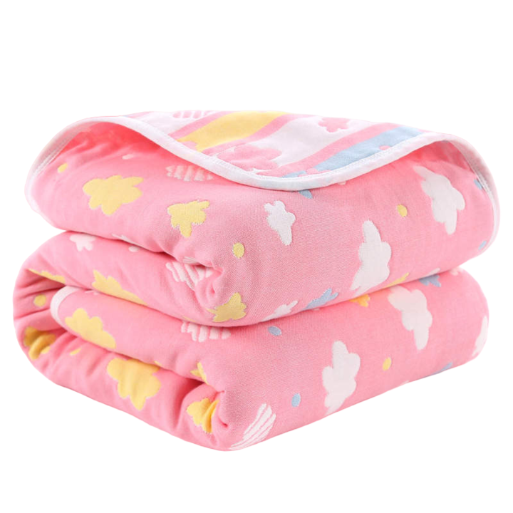 iPlantLove® babatakaró, biopamut, 6 réteg muszlin, 110x110 cm, Rózsaszín felhőkkel