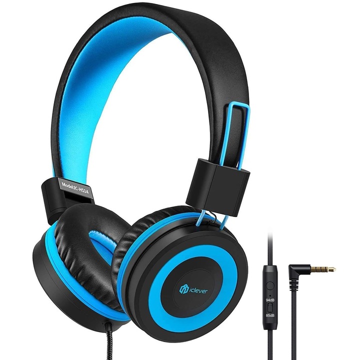 Casti, iClever, HD stereo, 40mm drivere, jack 3.5mm, functie partajare sunet, microfon incorporat, pentru copii, negru albastru