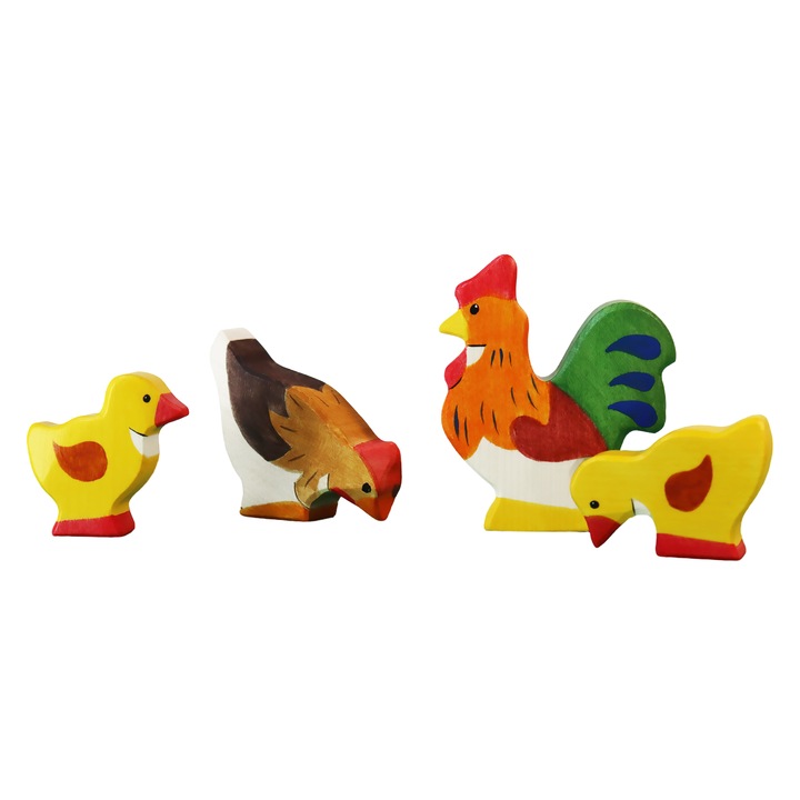 Set 4 Jucarii Ecologice din Lemn, Cocos cu Gaina si Puisori, Didy Toys