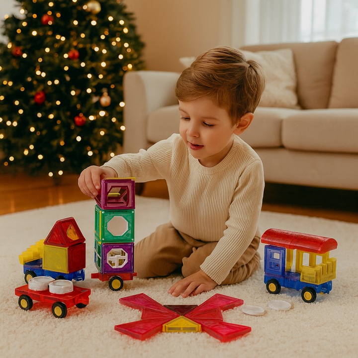 Set Inteligent de Constructie Intellectual Magnets 3D idealSTORE, Include 71 de Elemente Magnetice Multicolore, 4 Sasiuri Pentru Vehicule, Posibilitatea de a creea Forme Nelimitate, Educativ- Creativ, Magneti Puternici