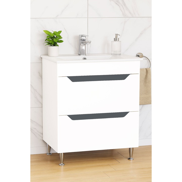 Baza si lavoar Badenmob, seria 056, cu sertare, 70x46x81cm, Alb/Antracit