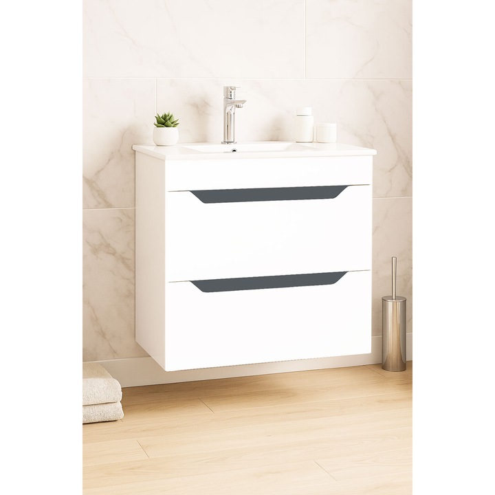Set mobilier baza si lavoar Badenmob, seria 056, suspendat cu sertare, 60x46x55cm, Alb/Antracit