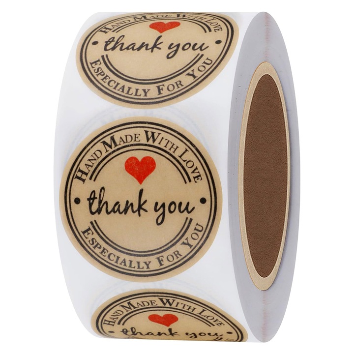 Rola 500 etichete autoadezive Thank you, NUODWELL, Durabil si usor de utilizat, Pentru petrecere, Craciun, Halloween, ceremonie de nunta si alte evenimente importante, Kraft, 3.8 cm, Maro