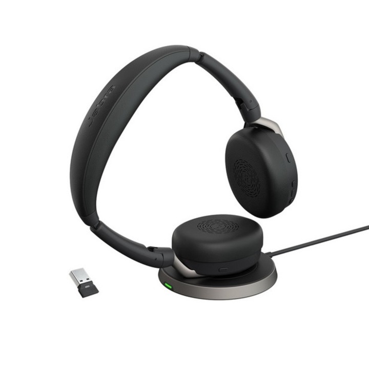 Слушалки Jabra Evolve2 65 Flex MS, безжични USB-A, бинаурални, на ушите, Bluetooth, хибридно активно шумопотискане, безжично зарядно