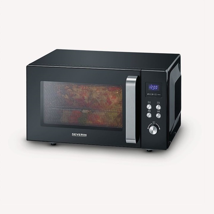 Cuptor cu microunde 2in1 Severin, capacitate 25 litri, baza ceramica fara platou rotativ, 10 trepte de putere, functie dezghetare, functie grill, timer, semnal acustic, lumina interioara, carcasa otel inoxidabil, usor de curatat, grill inclus, negru