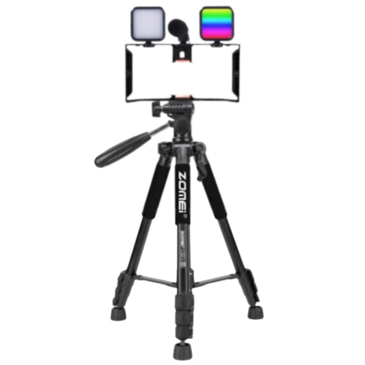 Trepied pentru telefon de vlogging, pentru realizarea de videoclipuri, cu microfon, lumini de umplere LED pentru selfie si suport pentru telefon mobil