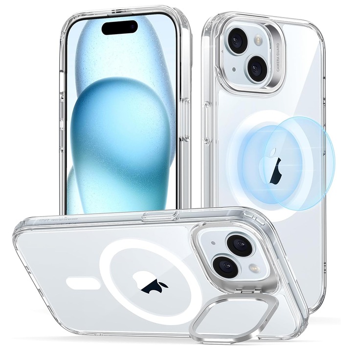 Защитен калъф за iPhone 15 Plus, ударобезопасен, класически хибриден HaloLock Kickstand, G44, термопластичен, прозрачен