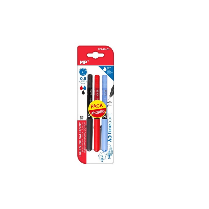 Комплект от 3 химикалки с течно мастило, синьо, черно и червено