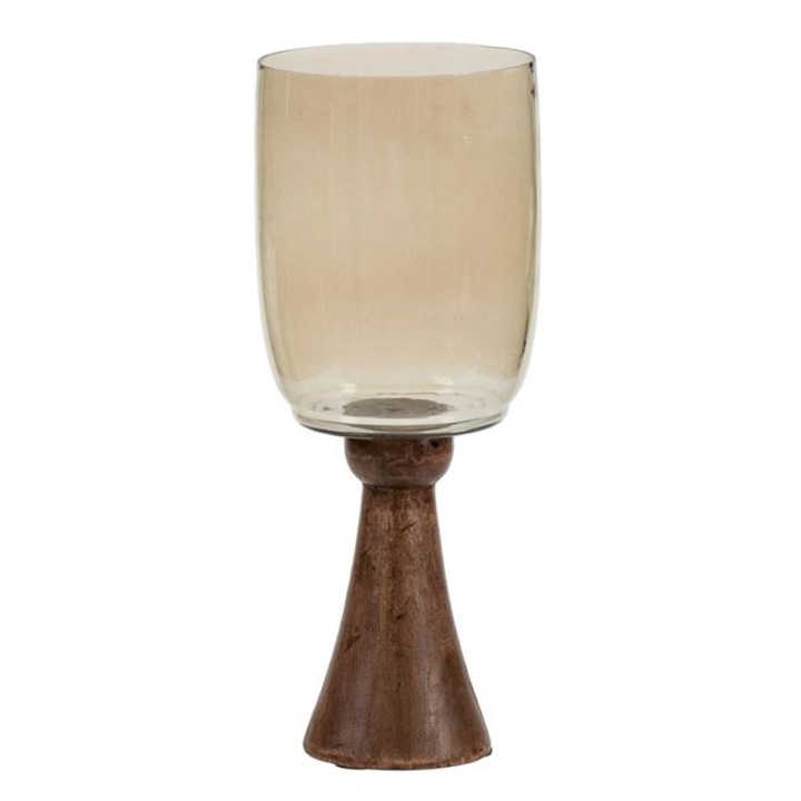 Декоративна стъклена ваза цвят опушен бронз с дървен крак 12.5х32см