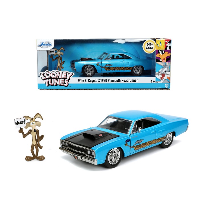 Masinuta diecast Jada Toys cu figurina - Looney Tunes Road Runner, Wile E Coyote, 1970 Plymouth 1:24
